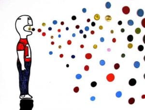 Vignetta di uomo che produce bolle colorate dalla bocca