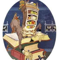 Vignetta comica di uomo sepolto da libri su una scrivania