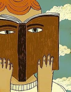 Disegno di persona che legge un libro con due occhi sulla foderino