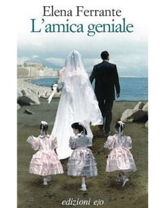 Copertina del libro di Elena Ferrante, coppia di sposi di spalle seguiti da tre bambine