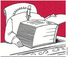 Una vignetta che rappresenta un uomo con la testa piccola davanti a un libro enorme