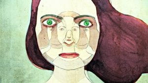 Dipinto astratto di un volto di donna contenente un altro volto.