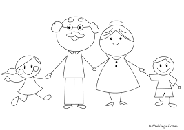 Disegno di una famiglia sorridente con nonni e nipotini.