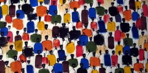dipinto di persone di colore in abiti variopinti