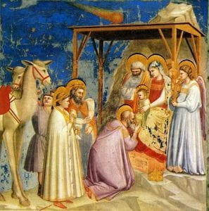 Giotto i Re Magi si inchinano davanti a Gesu