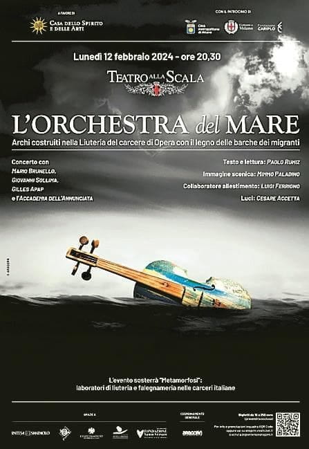 manifesto dell'orchestra del mare con violino in mare
